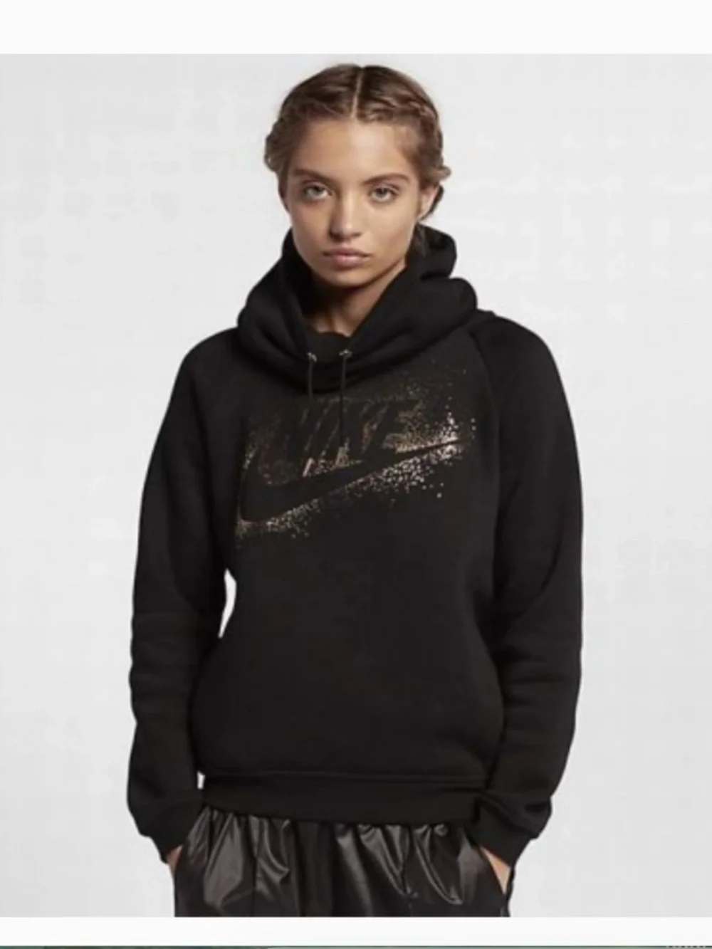 Nike Sportswear Rally Black and Gold Metallic Funnel Neck Hoodie Size Medium